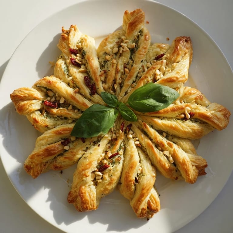 Flaky, baked Poinsettia Puff Pastry bursting with sun-dried tomatoes—a delicious holiday appetizer to share.
