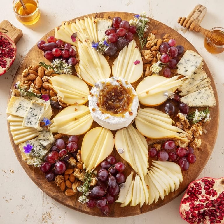 Delight in this festive Star of Bethlehem cheese platter, artfully arranged with colorful fruit and nuts.