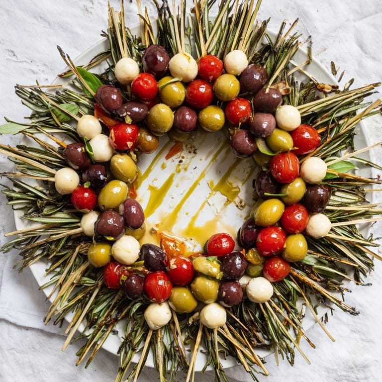 Close-up of a fresh Appetizer Wreath, showcasing plump olives and tomatoes, ideal for a party.