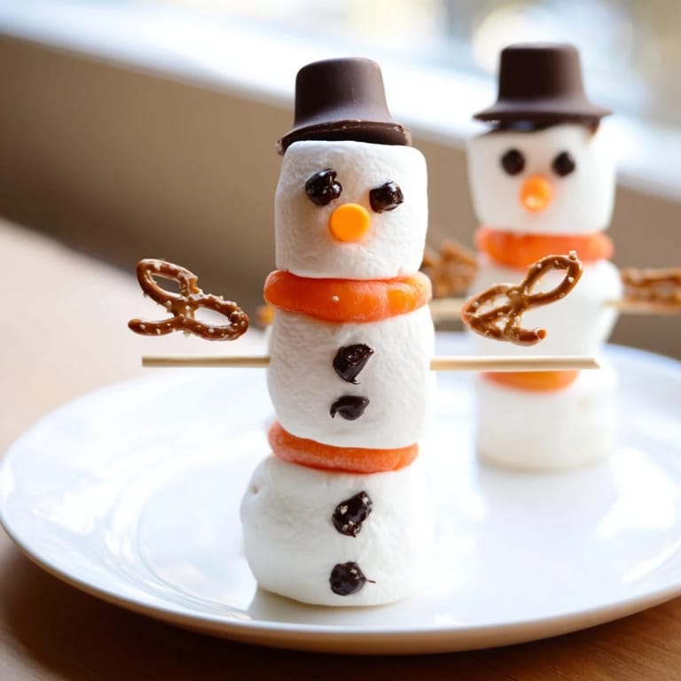 Homemade marshmallow snowman sticks, complete with pretzel arms and chocolate faces, ready to be enjoyed.