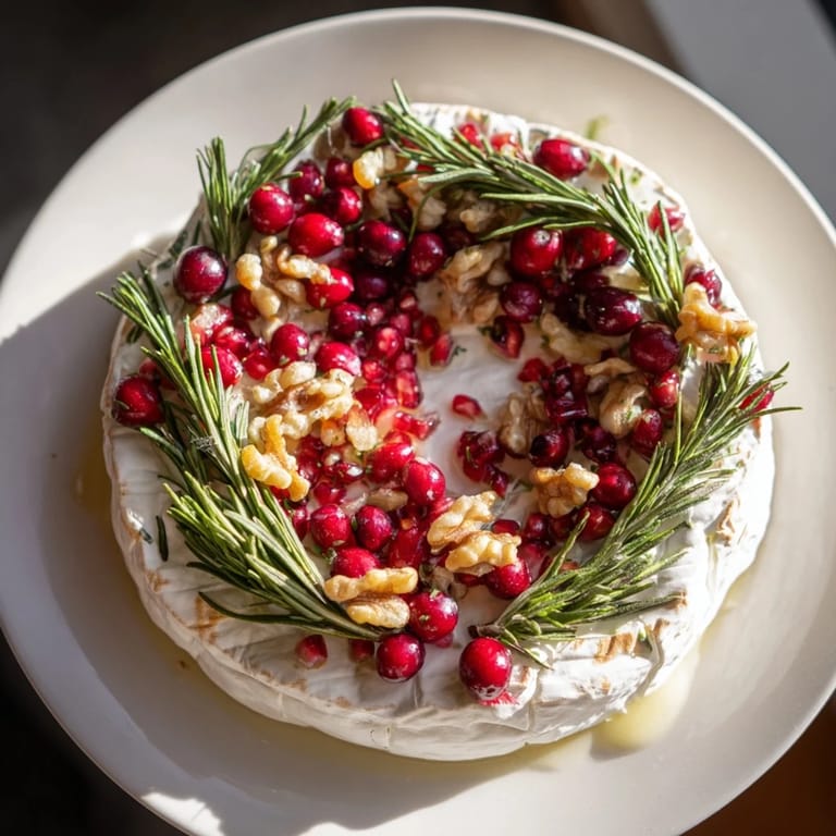 A festive Brie Cheese Wheel appetizer features a soft, white cheese circle with vibrant rosemary and cranberries.