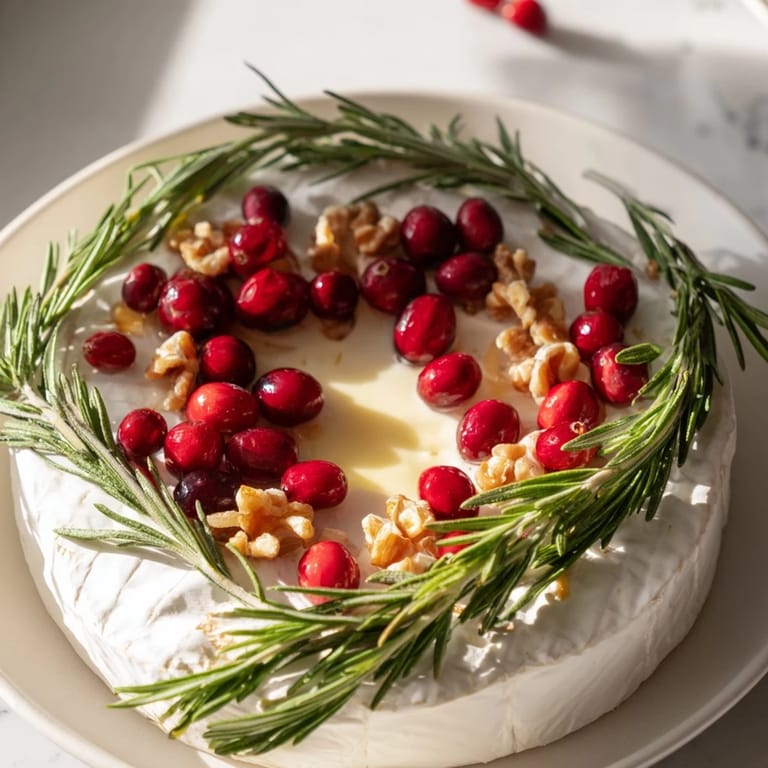 Enjoy a beautiful Brie Cheese Wheel, dressed with rosemary, perfect for holiday gatherings and easy serving.
