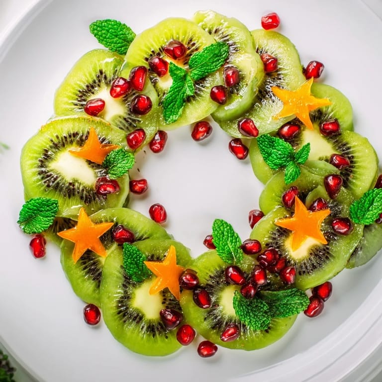 Fresh kiwi and pomegranate seeds create a beautiful Christmas wreath fruit plate, perfect for a healthy holiday dessert.