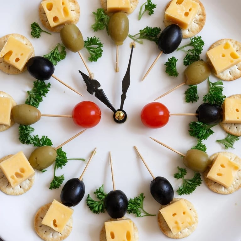 A close-up of a festive New Years Clock Countdown platter with olives numbered crackers as clock faces.