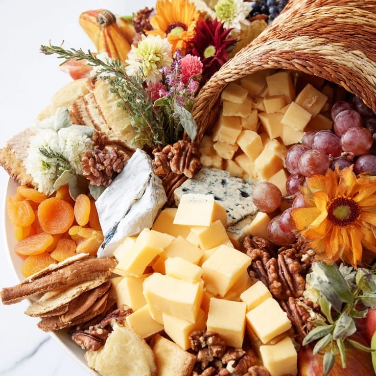 Delicious Autumn Harvest Horn of Plenty centerpiece: an elegant fruit, cheese and nut arrangement for the table.