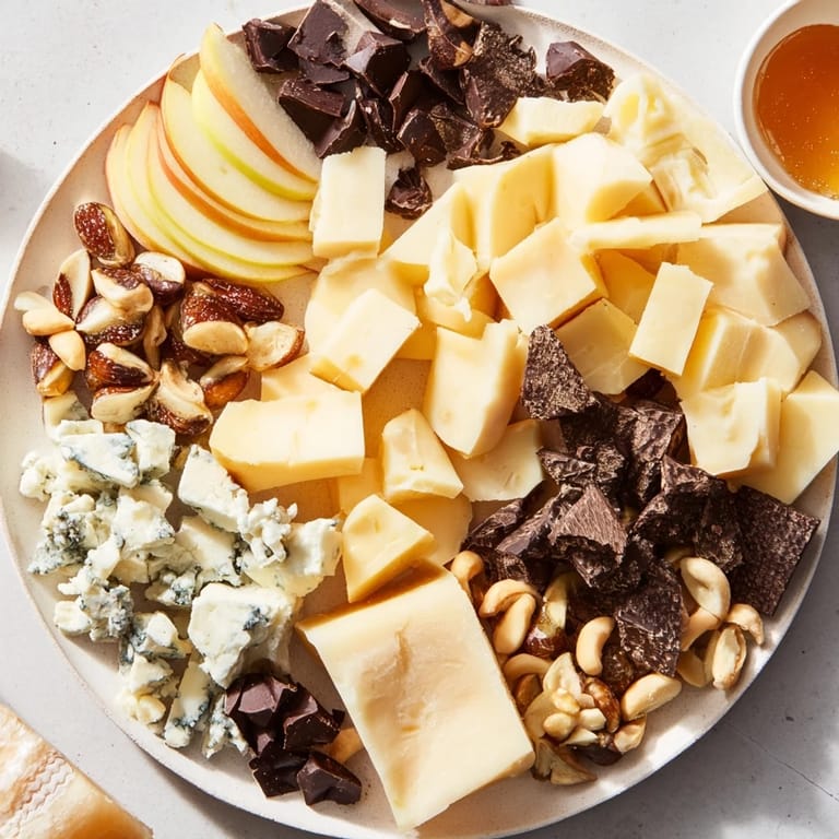 A wooden board overflows with a Fireside Comfort & Cocoa feast: cheeses, chocolates, pears, and warm cocoa!