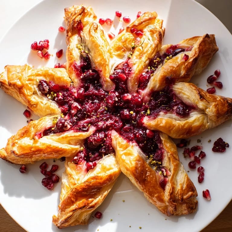 Golden, flaky layers of puff pastry showcasing a delicious Cranberry Christmas Star, perfect for a party.