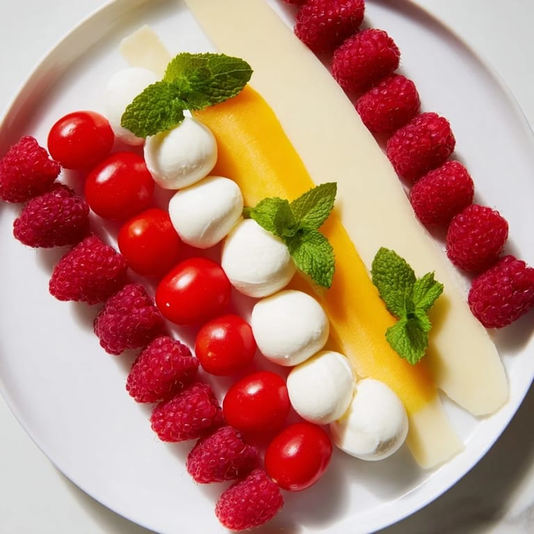 Festive Peppermint Stripe Celebration appetizer features eye-catching layers of red fruits and delicious cheeses.