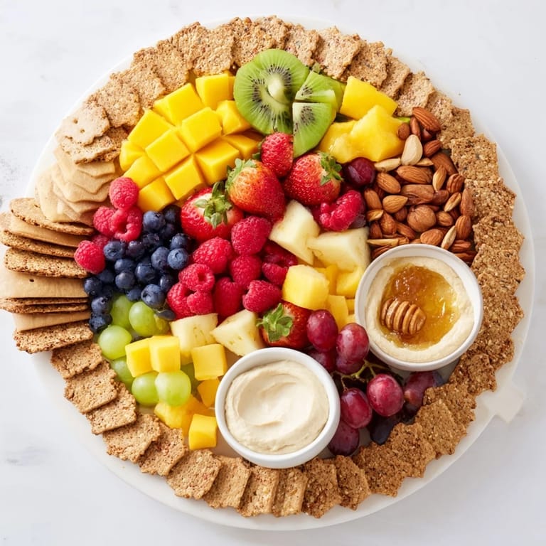 A gorgeous view of the Hidden Oasis recipe: crackers and nuts circle fruit, surrounding delicious dips.