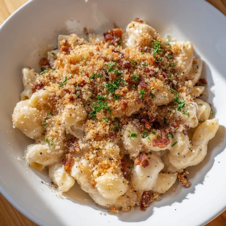 The comforting texture of Tinis Mac and Cheese with Bacon is perfectly contrasted with crunchy bacon topping.