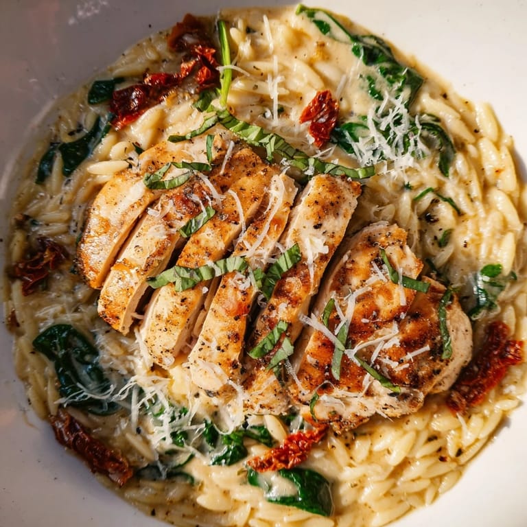 A close up shows the delicious Marry Me Chicken Orzo, capturing the creamy sauce and tender chicken.