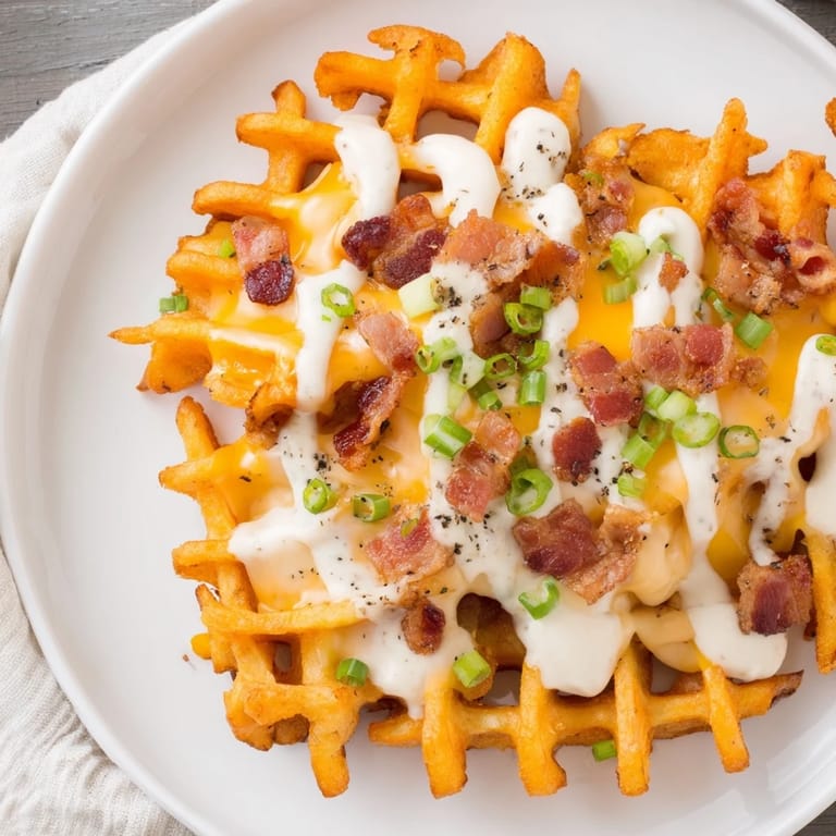 Mouthwatering Loaded Sweet Potato Fries with fresh green onions, bacon, and a drizzle of creamy ranch.