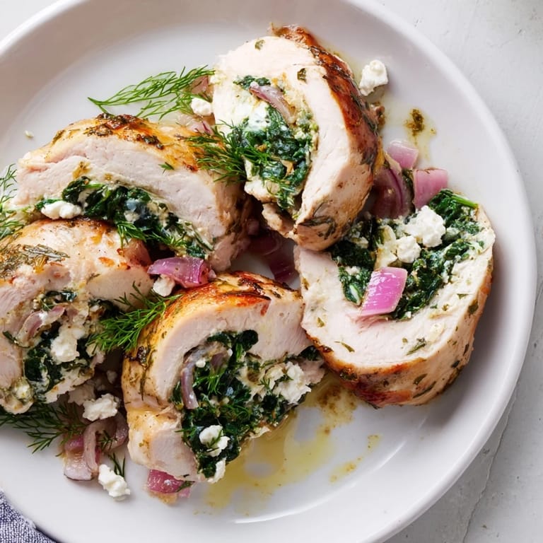 Baked Spinach Feta Stuffed Chicken rolls overflowing with savory filling, ready to serve and enjoy.