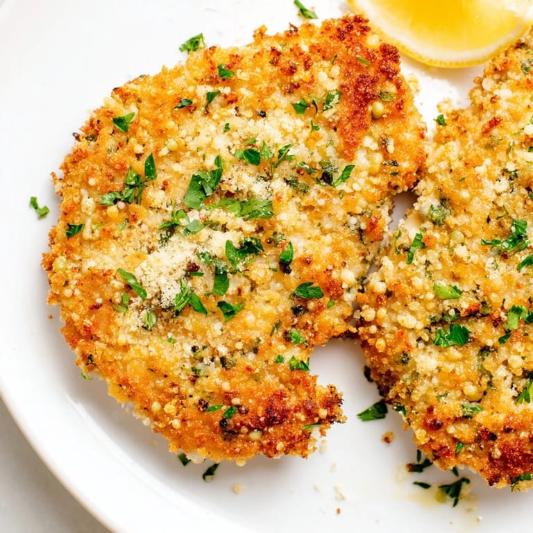 Close-up of baked Crispy Parmesan Chicken Cutlets with herbs; a delicious, crispy Italian-American dinner.