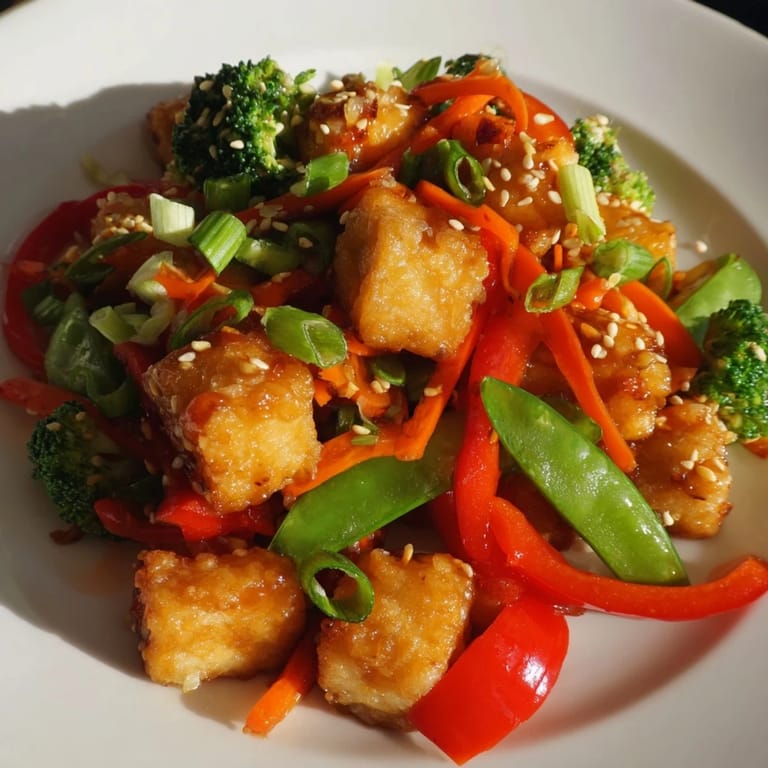 Enjoy a steaming bowl of delicious sesame ginger tofu stir-fry, a quick weeknight dinner idea.