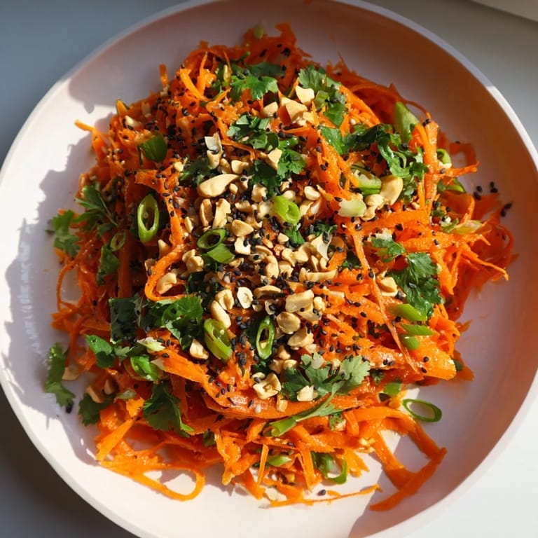 A close-up of a refreshing Spicy Carrot Salad with peanuts, perfect as a side dish.