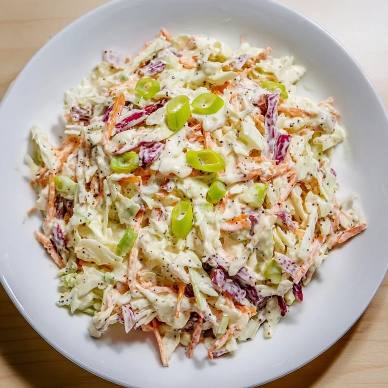 Freshly made Quick Coleslaw Salad with Creamy Dressing, showcasing a vibrant, colorful mix, a perfect side.