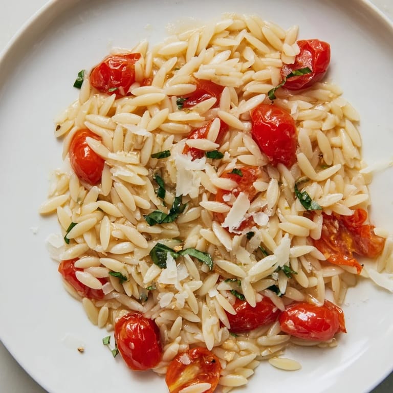 Bright photo of orzo tomato Parmesan showcasing juicy tomatoes and lots of grated Parmesan cheese.