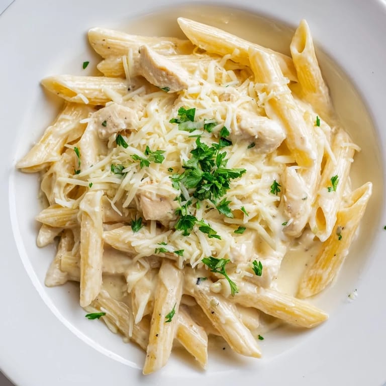 Tender chicken and penne pasta baked to perfection in this comforting Chicken Alfredo Bake.