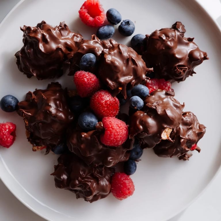 Vibrant photo shows refreshing, homemade Chocolate Yogurt Clusters with a drizzle of melted dark chocolate.
