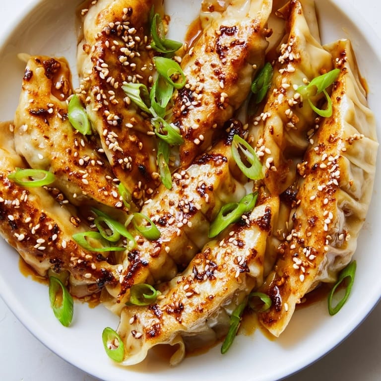 Golden brown air fryer frozen dumplings glistening with a savory sesame oil glaze, ready to serve.