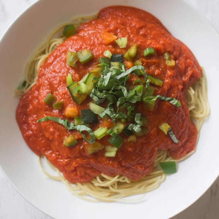 Close-up of Veggie-Loaded Tomato Pasta Sauce, perfectly smooth and flavorful for dinner tonight.