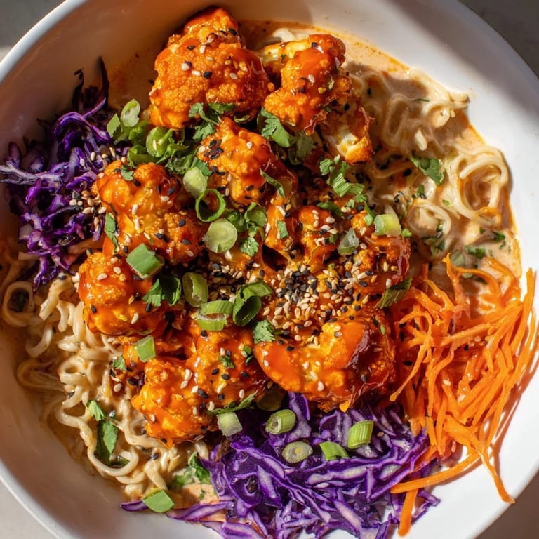 A steaming bowl of flavorful Buffalo Cauliflower Ramen with vibrant toppings and a spicy aroma.