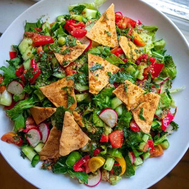 Tempting Fattoush Crunch Salad, a healthy and filling Middle Eastern dish with fresh herbs and pita.