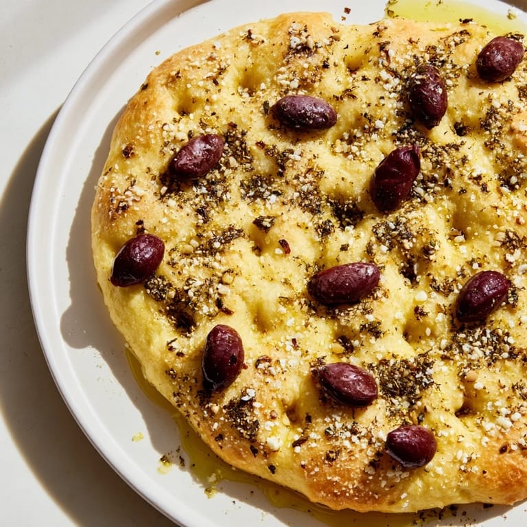 Close-up of baked Zaatar Olive Focaccia: dimpled, generously topped with olives and zaatar seasoning.