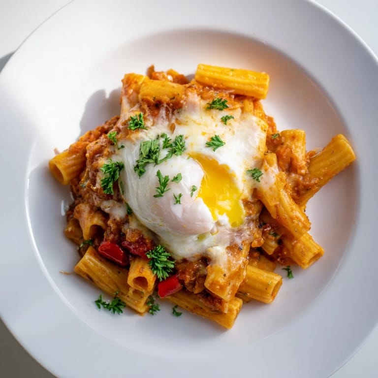 A close-up of Shakshuka Baked Pasta, a vibrant red sauce baked with pasta, topped with sunny eggs.