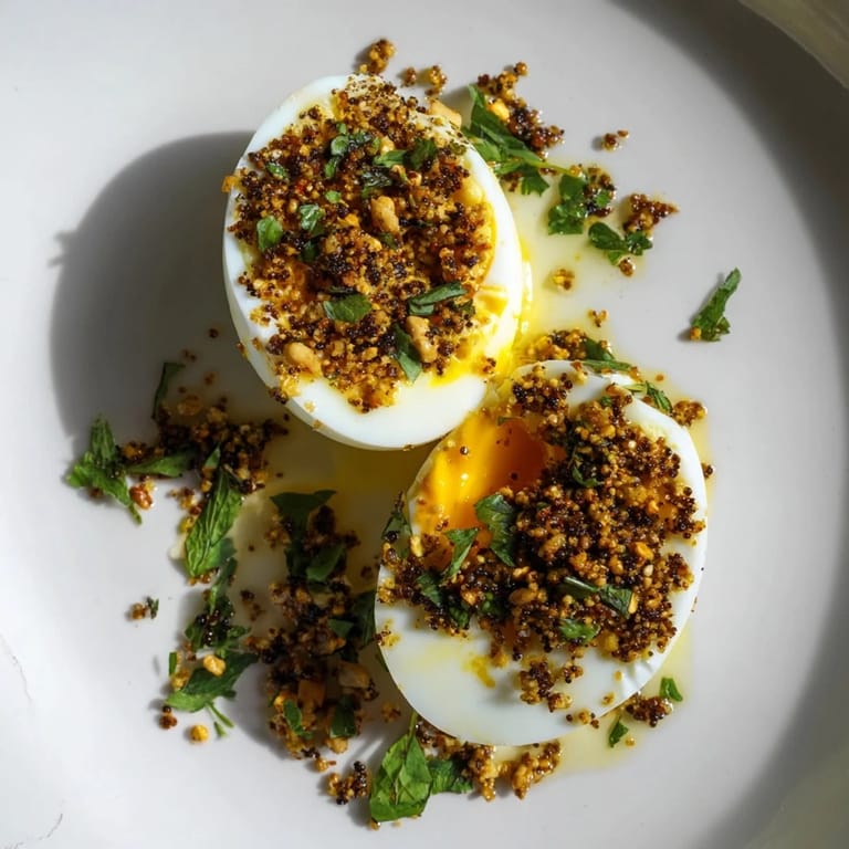 Savory Dukkah-Spiced Eggs, with a satisfying crunch from the spiced dukkah and fresh green herbs.