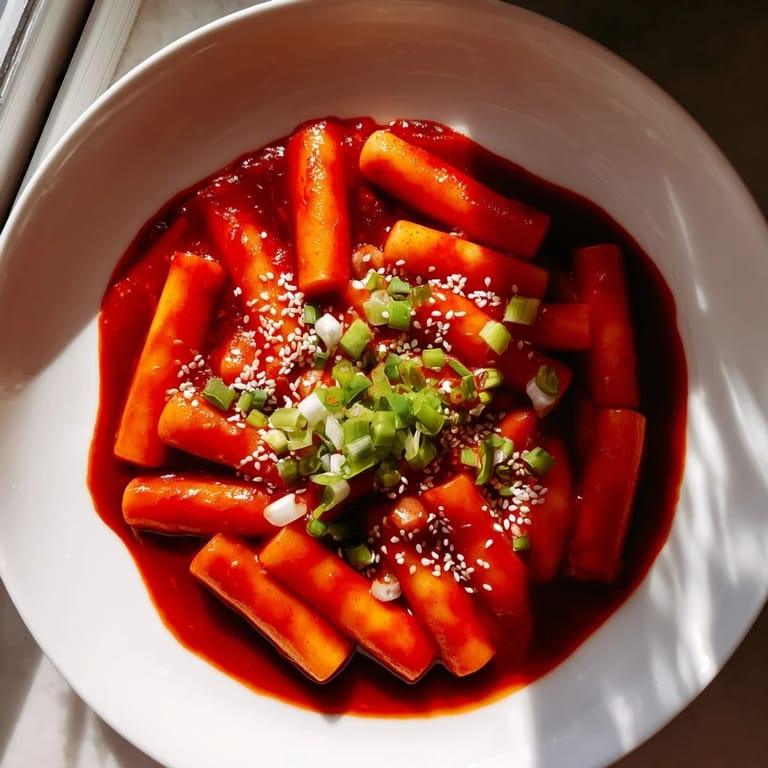 Close-up of bubbling Korean Tteokbokki, offering a tempting glimpse of chewy rice cakes and savory sauce.