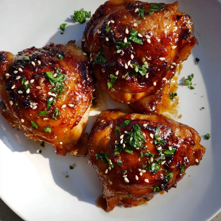 Enjoy flavorful, sticky Honey Garlic Glazed Chicken, showcasing tender thighs and a savory sauce.