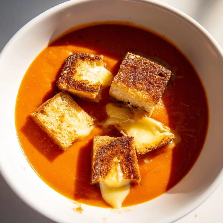Warm homemade tomato soup served with bite-sized grilled cheese croutons on a cozy kitchen table.