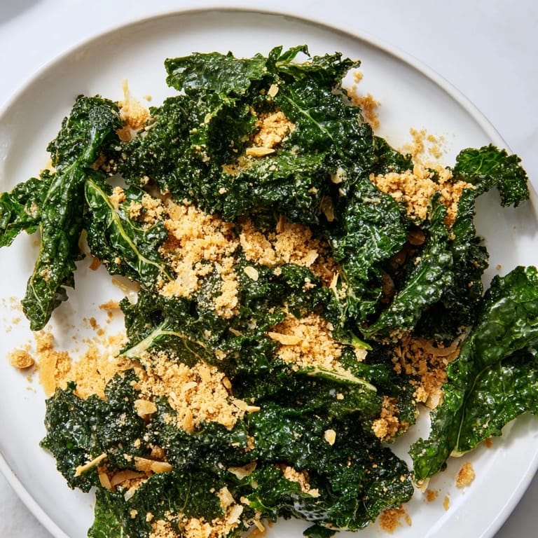 Savory Garlic Parmesan Kale Salad served fresh, with kale dressed in creamy garlic-Parmesan sauce and crispy crumbs.