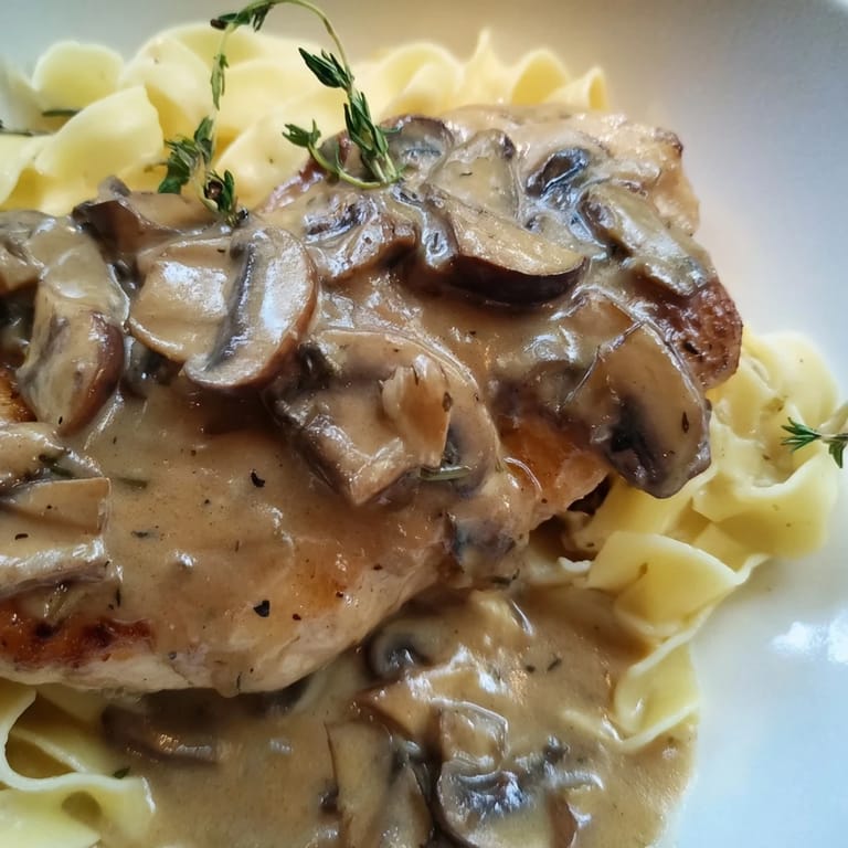 A comforting bowl of Creamy Chicken Marsala, featuring tender meat and a savory sauce for a hearty main dish.