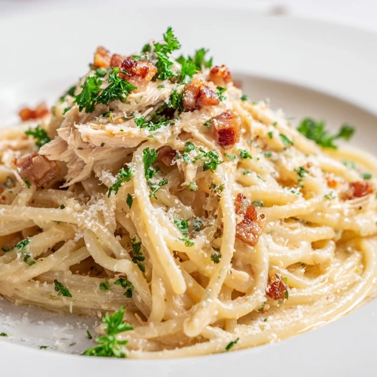 Steaming plate of Chicken Carbonara garnished with fresh parsley and grated Parmesan, served alongside a crisp green salad and white wine.