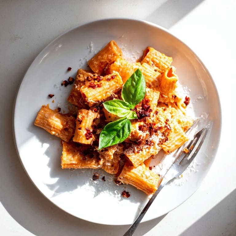 Spicy Rigatoni Pasta served in a white bowl with extra Parmesan and basil, steam rising from the creamy, mildly spicy tomato sauce.  