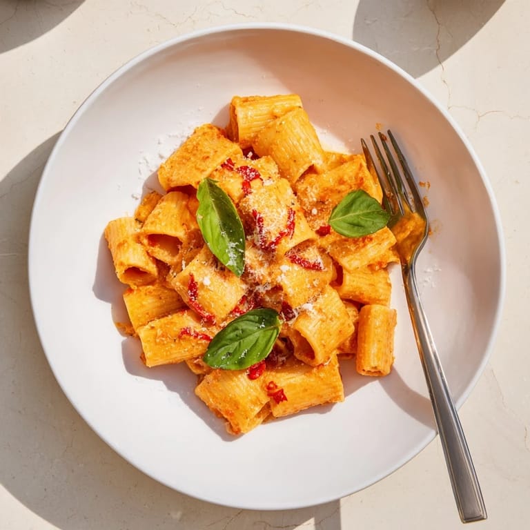 A serving of Spicy Rigatoni Pasta tossed with a rich red cream sauce, paired with a glass of crisp white wine on the side.