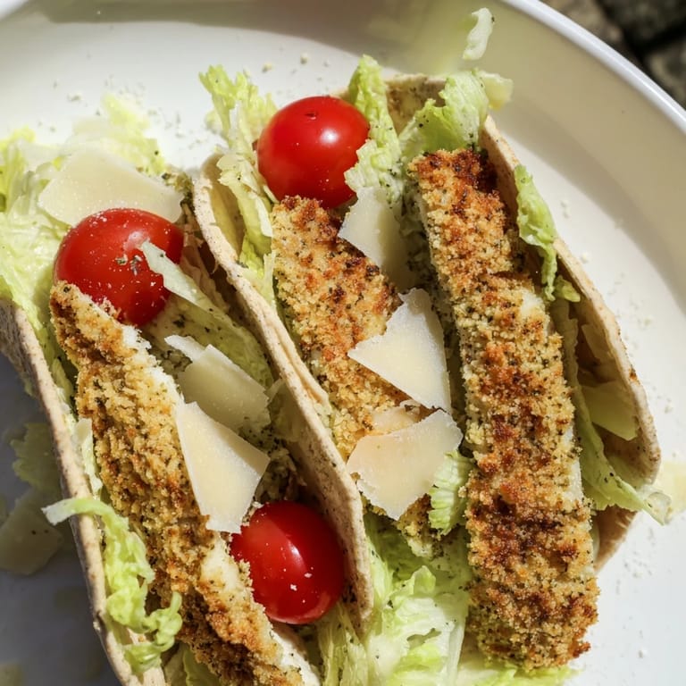 Close-up view of juicy Crispy Herbed Chicken Caesar Pitas with shaved Parmesan and crunchy romaine.