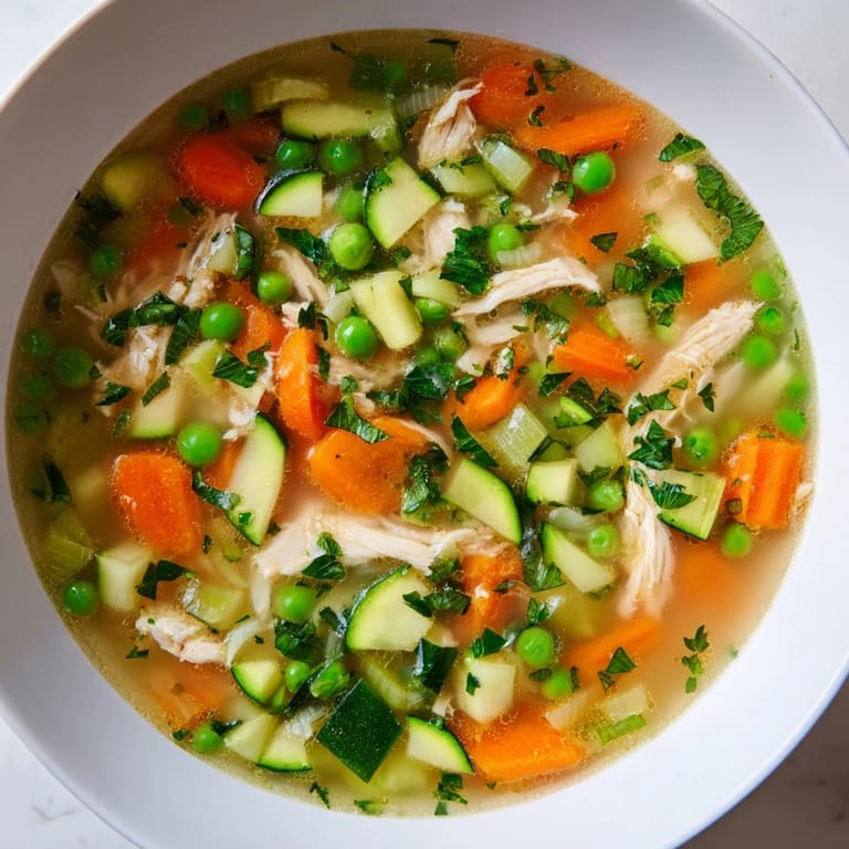 Colorful Spring Garden Chicken Soup in a rustic bowl, featuring zucchini, peas, and bright herbs for a fresh flavor.