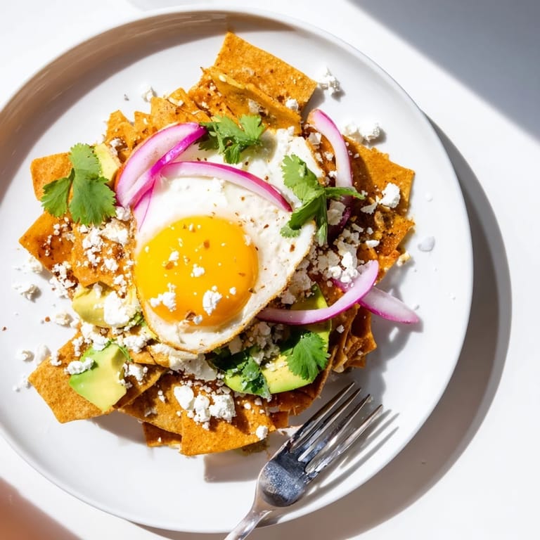 A comforting bowl of homemade Chilaquiles featuring crunchy chips, a sunny-side-up egg, melted cheese, and creamy avocado, perfect for a vegetarian Mexican-inspired brunch.