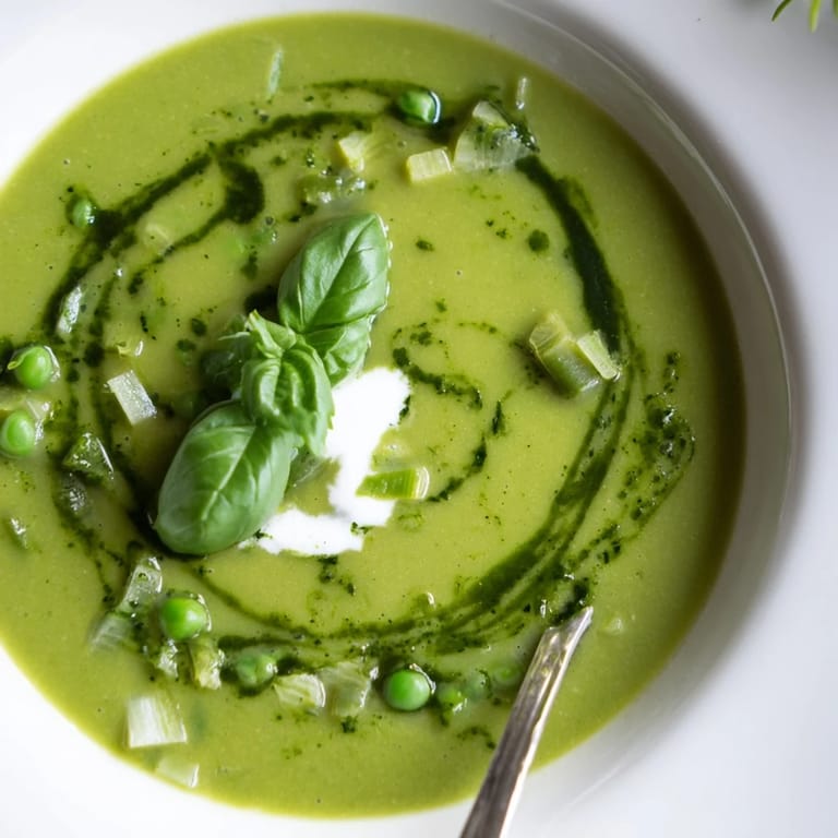 Vibrant green courgette, pea and pesto soup, a delightful, light lunch.