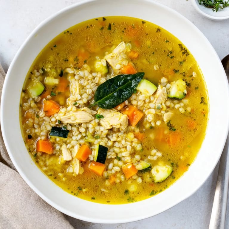 Golden, aromatic Soothing Turmeric Chicken With Pearl Barley soup steaming in a bowl, showcasing plump barley grains, diced vegetables, and wilted spinach leaves.