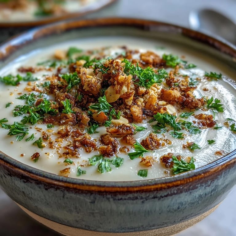 Celeriac Soup With Hazelnut Crumble presented in a white ceramic bowl, showing velvety texture and garnished with chopped parsley and hazelnuts.