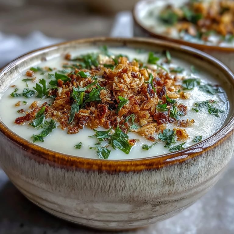 A hearty bowl of Celeriac Soup With Hazelnut Crumble, topped with golden hazelnut crumble and ready to enjoy with crusty bread.