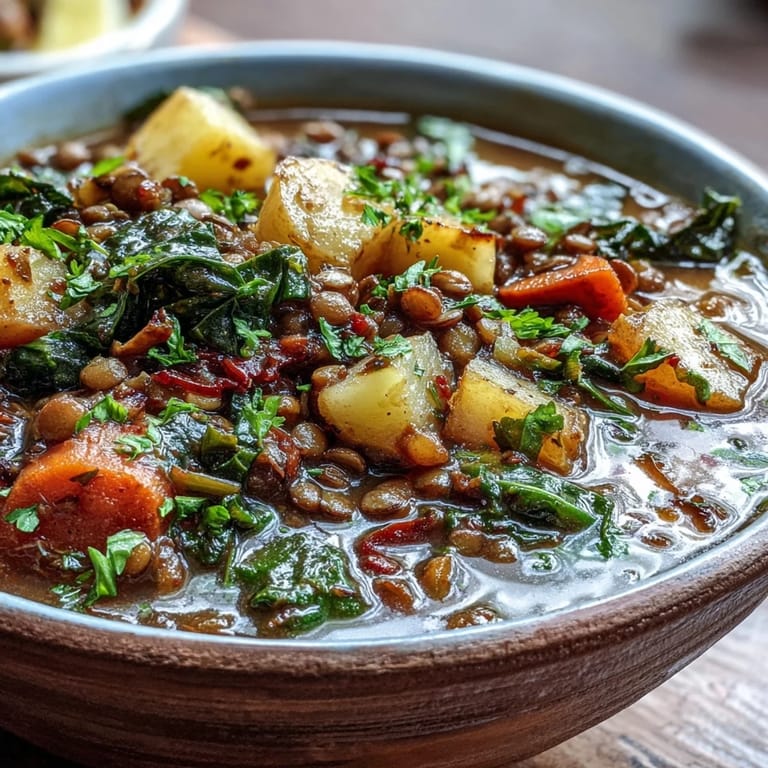 Close-up of a hearty Vegetarian Lentil Stew with tender lentils, carrots, and wilted spinach.