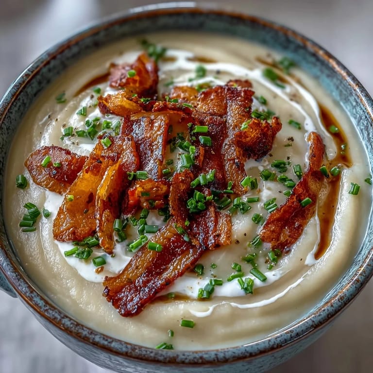 Steaming bowl of Creamy Celeriac Soup with Crispy Bacon, served with warm artisan bread alongside for dipping.