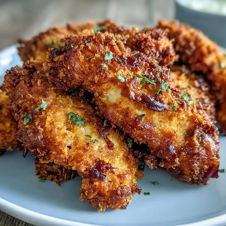 Golden-brown Crispy Turmeric Chicken Tenders on a platter with fresh herbs, ready for a quick family dinner.