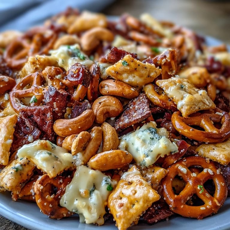 Savory Everything Ranch Cheese and Pretzel Snack Mix cooling on parchment, garnished with fresh dill for a party platter.